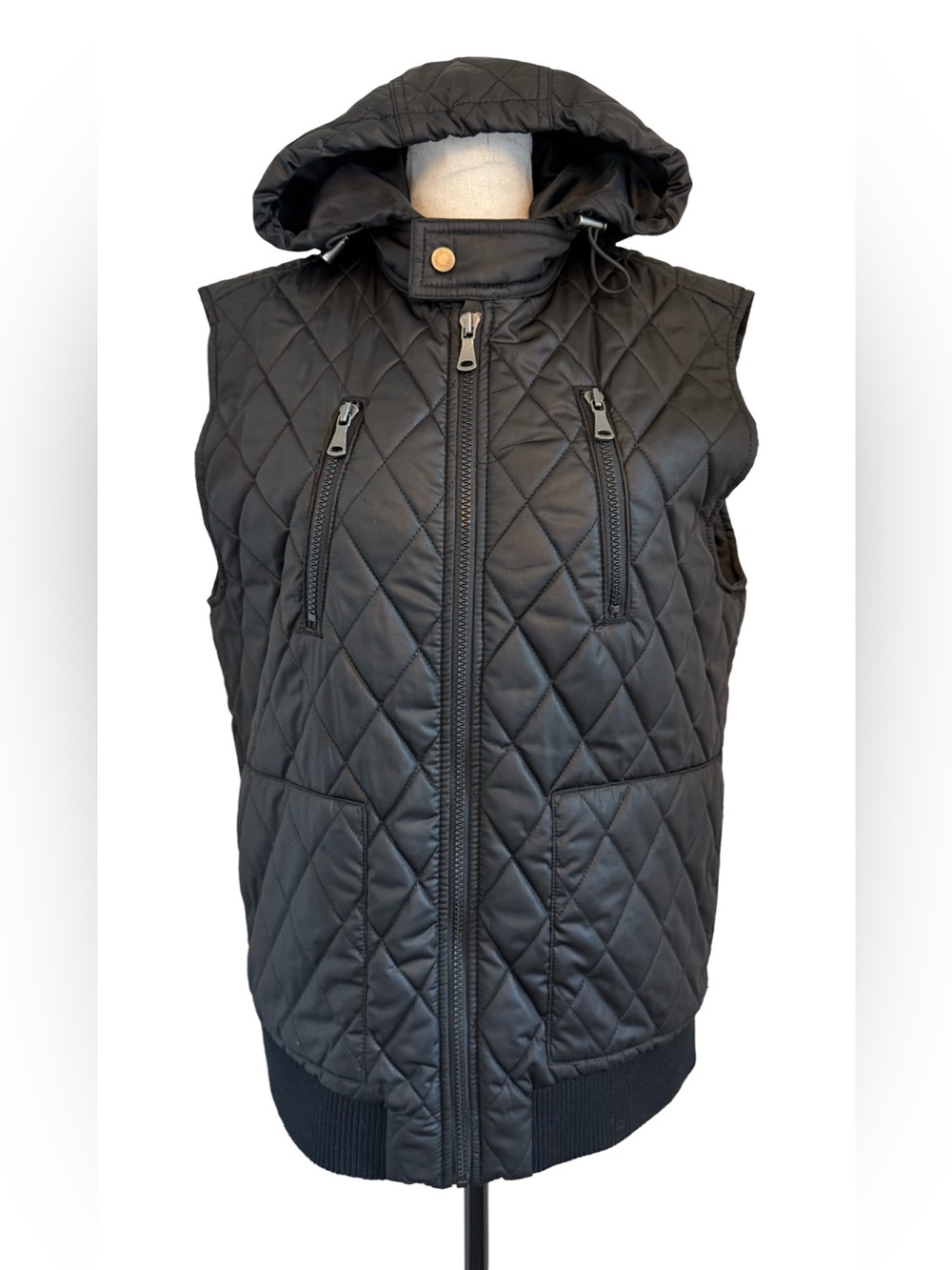 INC International Concepts Black Quilted Hooded Vest Zip Front Pockets Size Smal